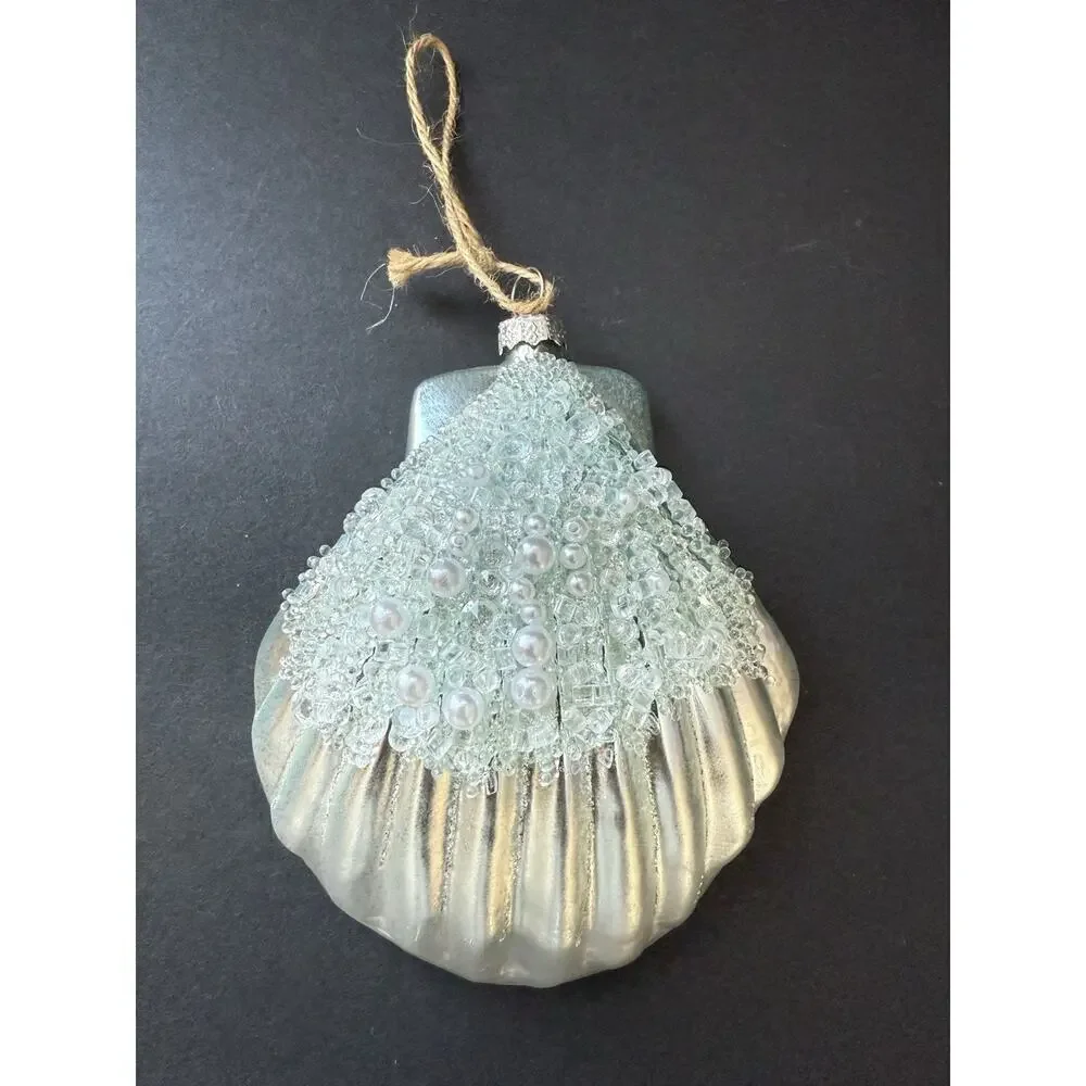 Blown Glass Beaded Scallop Seashell Christmas Ornament Handcrafted Coastal Beach